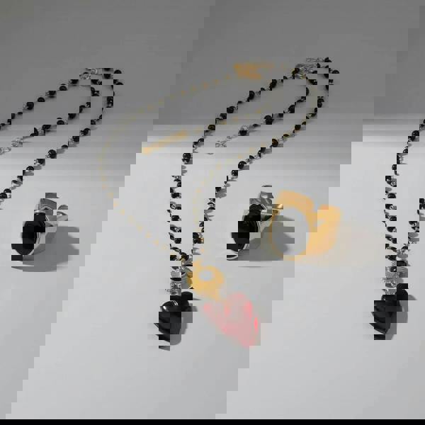 18ct Gold Plated Luxe Statement Jewelry Bundle with Heart Necklace and Black Stone Ring