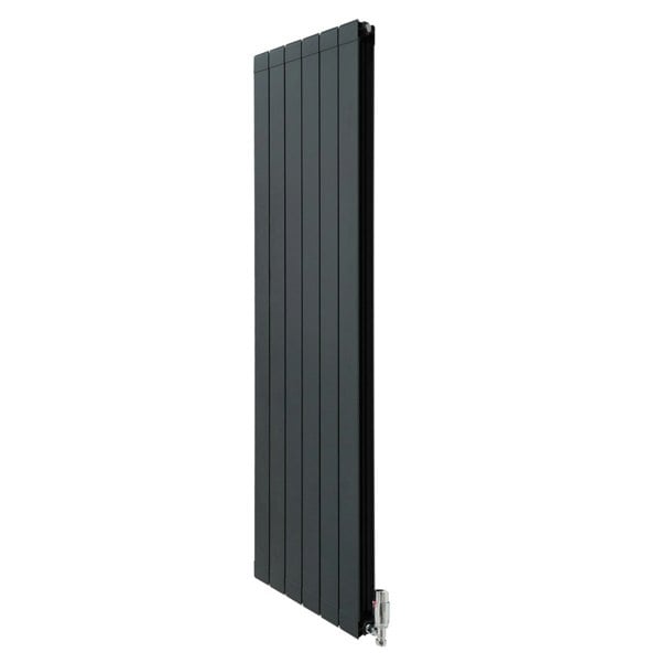 Aluminium radiator in anthracite grey, 1800mm x 475mm, featuring a sleek vertical design and modern valves for efficient heating