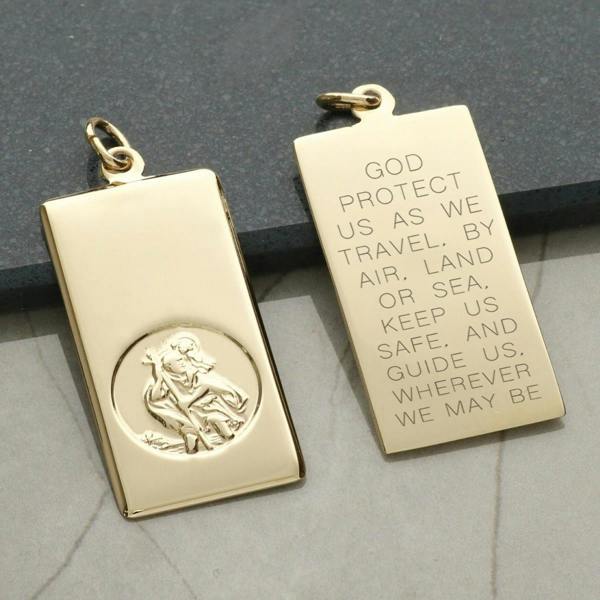 Christopher James of London 9ct Yellow Gold Large St Christopher Ingot With Travellers Prayer Optional Engraving and Chain