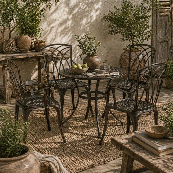 Wyld Haus Sake 4 Seater Garden Dining Set Bronze Cast Aluminium Round Table with Parasol Hole