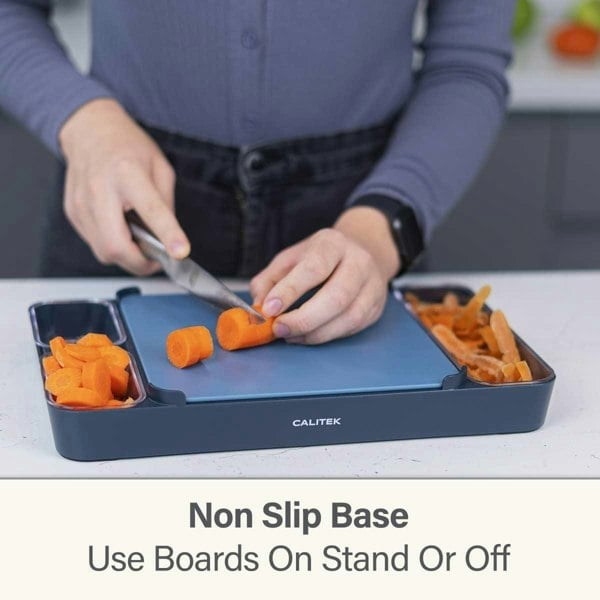 CALITEK Chopping Board Set 1 Bamboo and 1 BPA Free Plastic Cutting Board with Containers and Holder Blue