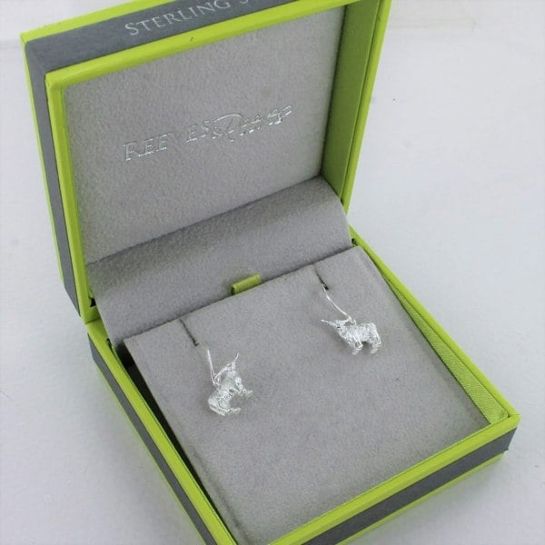 Sterling Silver Standing Highland Cow Drop Earrings - Reeves & Reeves