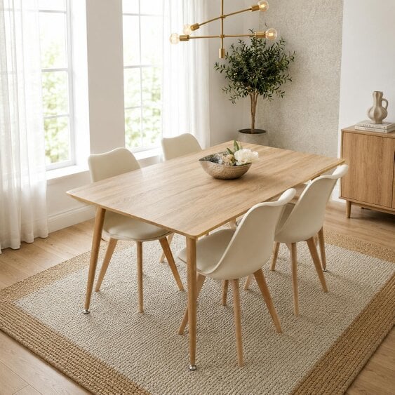 KOSY KOALA 4 Seater Modern Dining Table 140cm with Wood Effect Metal Leg and 4 Cream Chairs for Kitchen & Dining Room Furniture Set
