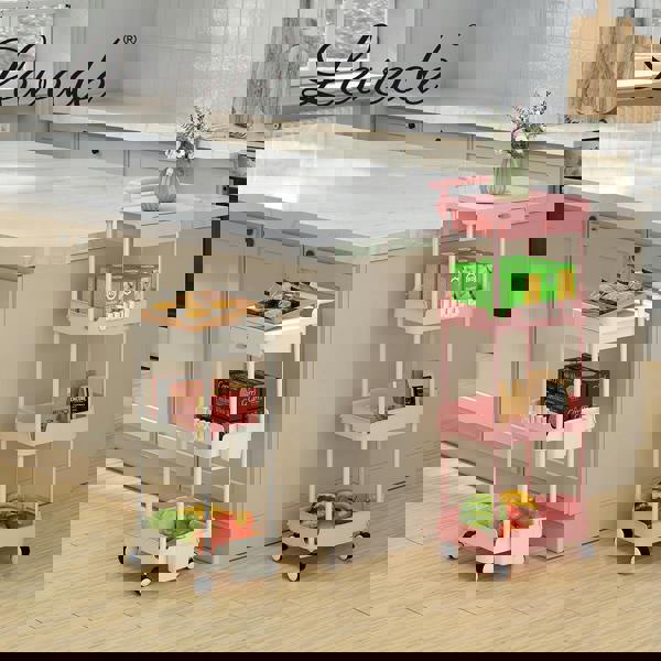 Levede Metal Storage Trolley on Wheels 3/4 Tier with Drawer Pink Rolling Cart