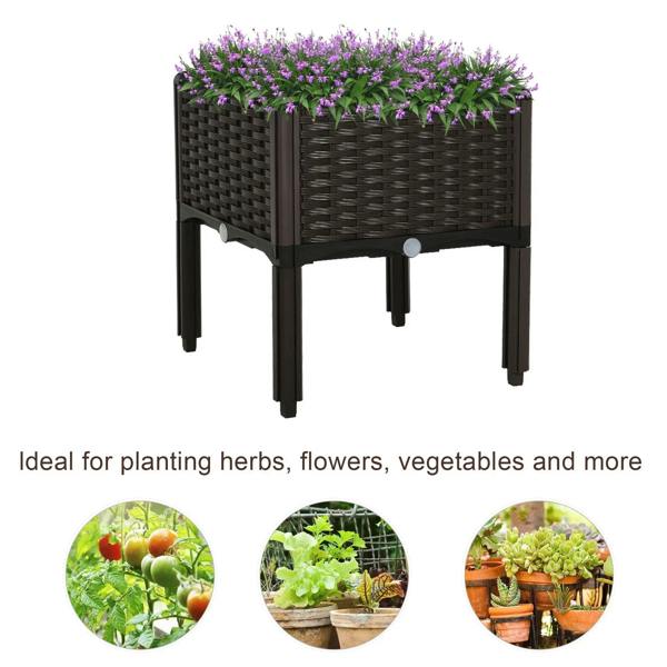 Dark brown raised planter with purple flowers on four legs, open top with side panels