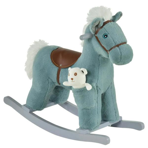 Blue plush rocking horse with plush handle and small bear buddy attached