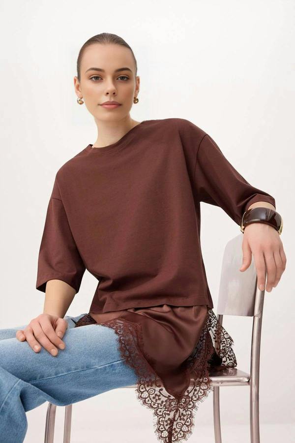 Oversize Asymmetric Lace Detail Short Sleeve T-Shirt