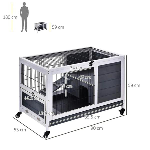 Grey wooden two-tier guinea pig hutch on caster wheels with wire front and enclosed bay