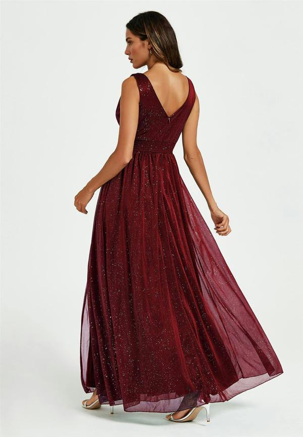 FS Collection Sparkly V Neck Bridesmaid Maxi Dress In Burgundy