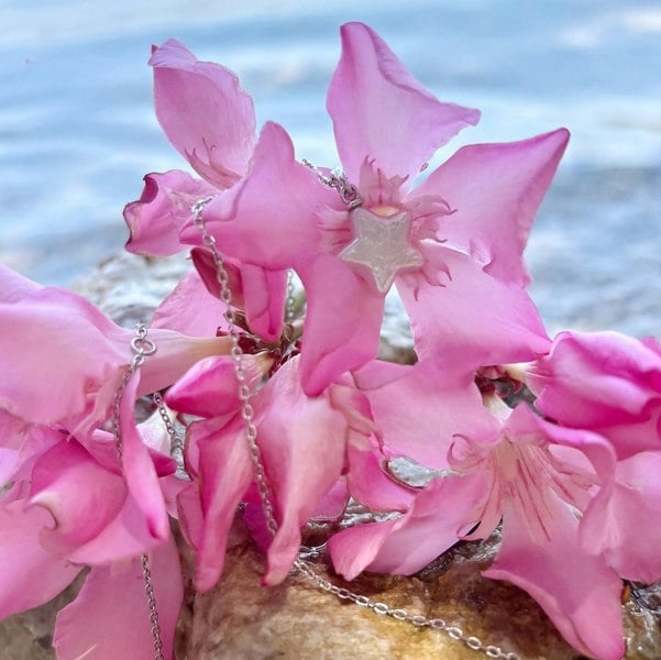 Silver necklace with a delicate star-shaped pearl pendant, resting on pink flowers by the sea.
