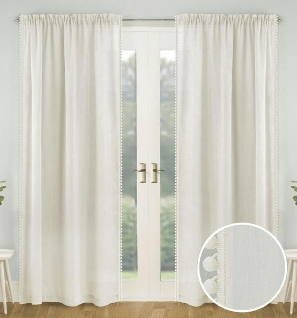 Tyrone Textiles Pom-Pom Trim Linen-Look Voile Panel - Pair