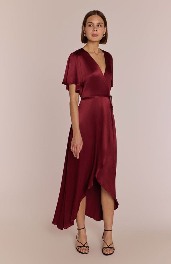 Rewritten London Florence Waterfall Dress in Chianti Satin
