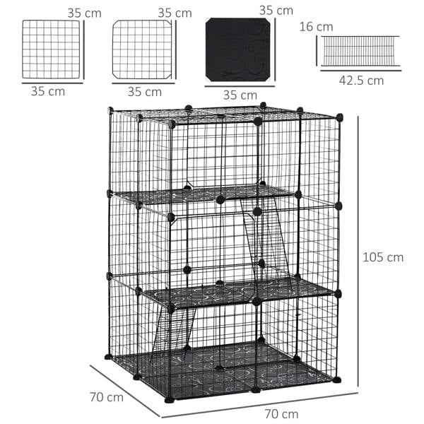 Black wire pet playpen with ramp platforms shown in size and layout diagram