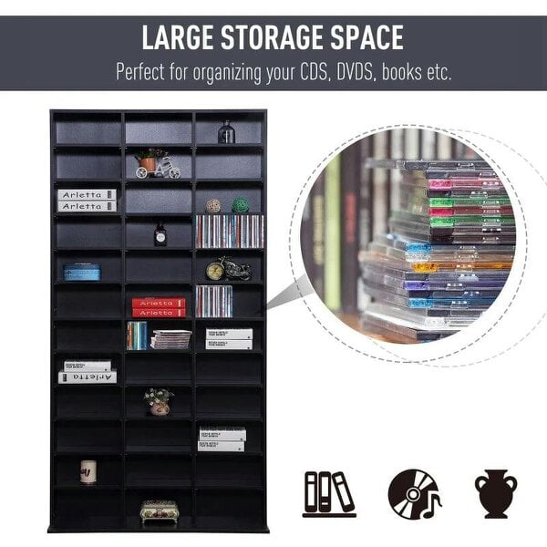 Bobobiy 1116 CD/ 528 DVD Storage Unit, Media Storage Shelf, Wooden Display Unit with Adjustable Shelves, 102 x 195 cm, Black