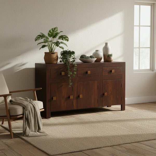 Wyld Haus Phuket Dark Mango Wood Large Sideboard 3 Drawers 3 Doors