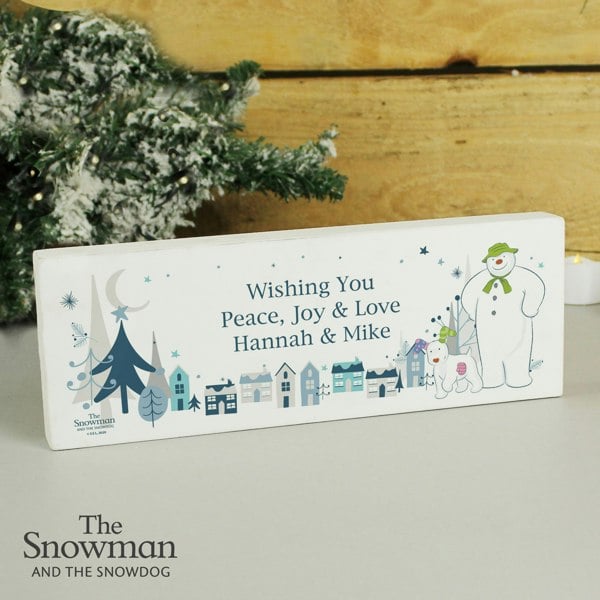 Personalised Memento Company Personalised The Snowman and the Snowdog Wooden Mantel Decoration