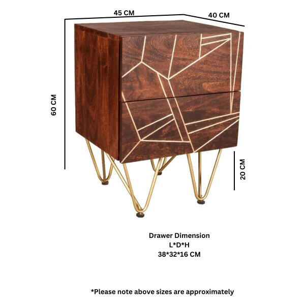 Wyld Haus Bandung Dark Mango Wood and Gold 2 Drawer Side Table