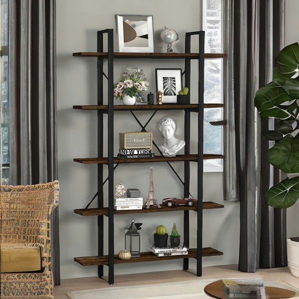 Rafaelo Mobilia Industrial 5 Tier Walnut Brown Bookcase