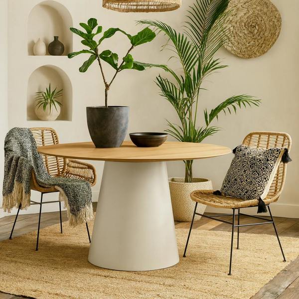 Wyld Haus Hamburg 120cm Round Oak Veneer Dining Table Pillar Steel Base