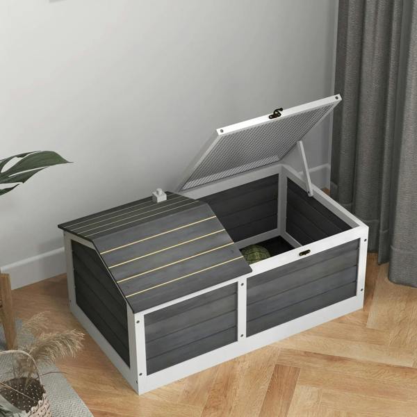 Dark grey wooden reptile shelter end view with hinged mesh lid and front opening