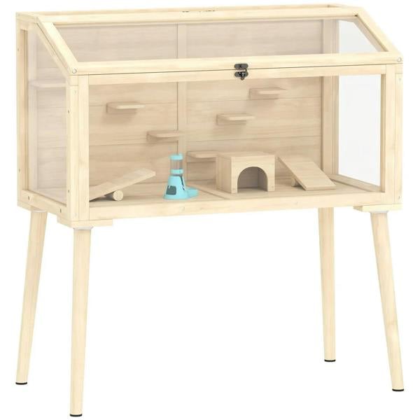 Natural wood hamster cage with clear front, tunnel and platform, built-in water bottle