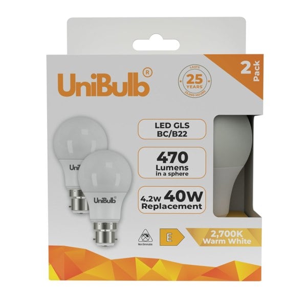 UniBulb LED GLS B22 470lm 4.2W 2700K (Warm White) Light Bulb - Pack of 2 bulb front