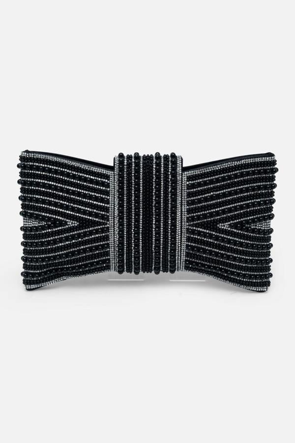 Sparkly Pearl Bow Clutch Bag Black, featuring detachable silver chain strap