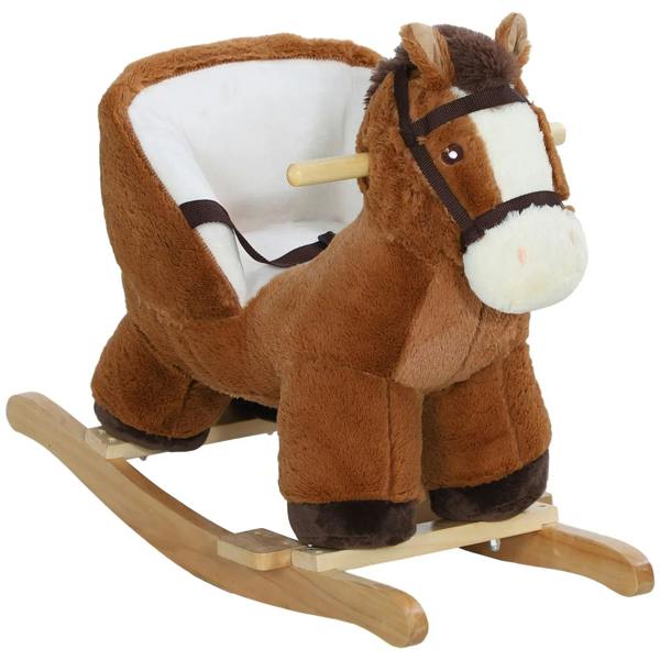 Kids plush rocking horse with sound, brown fabric and padded seat, wood rockers