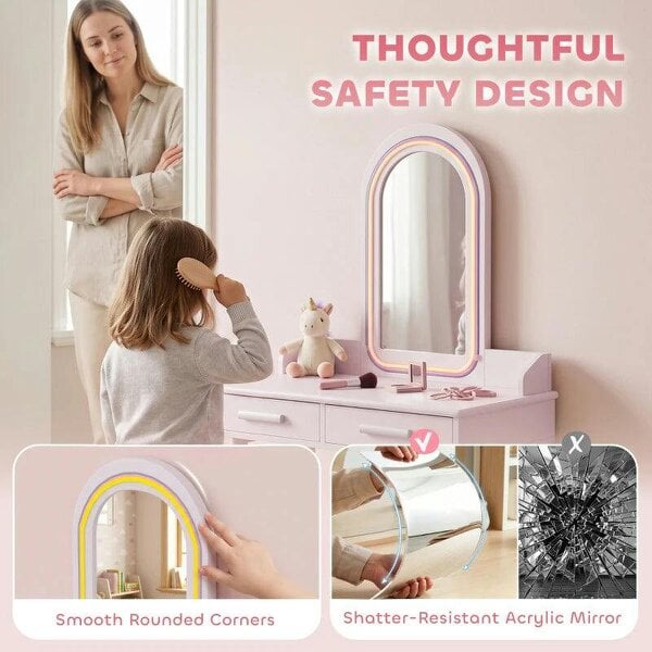 Kids Dressing Table, Girls Vanity Set with Stool, 3-Colour LED Lights Mirror, Large Drawer for Ages 3-8, Pink