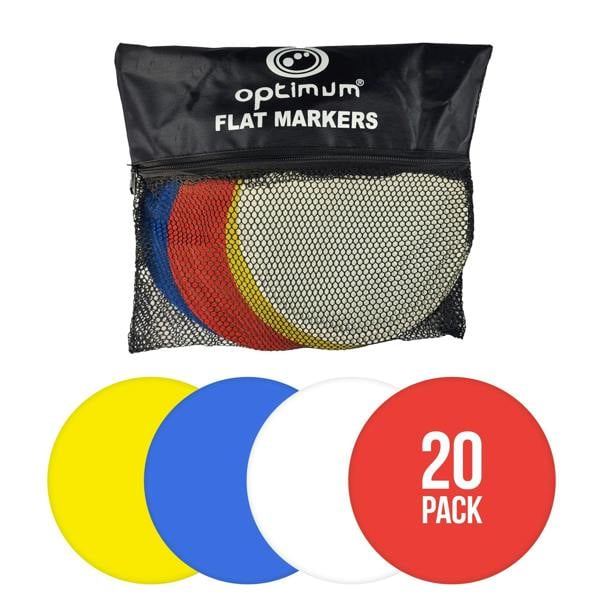 Optimum flat markers 20-pack: yellow, blue, white and red discs with black mesh carry bag on white - Optimum