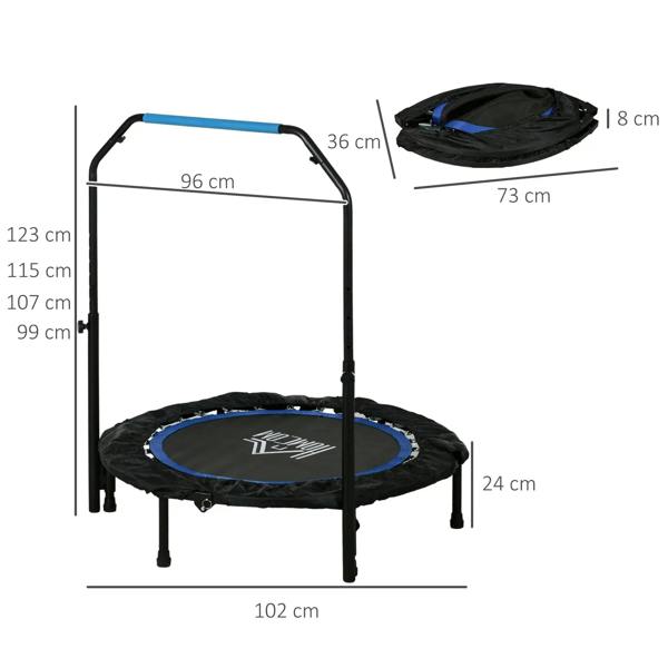 Foldable 40 in mini trampoline with black mat, blue center ring, and safety handle frame