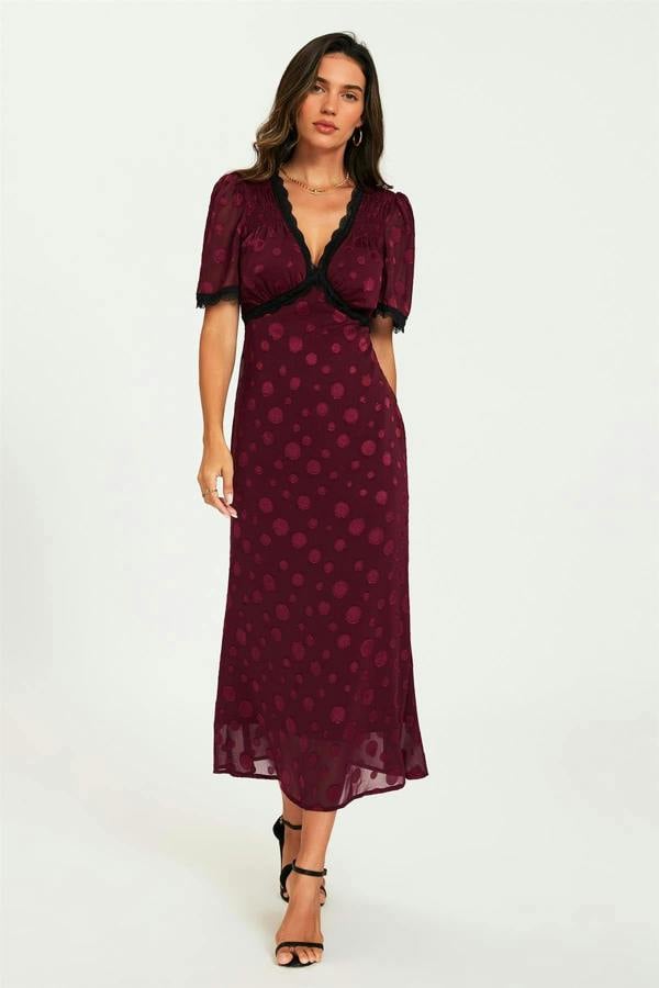 FS Collection Polka Dot Jacquard Lace Trim Midi Dress In Wine
