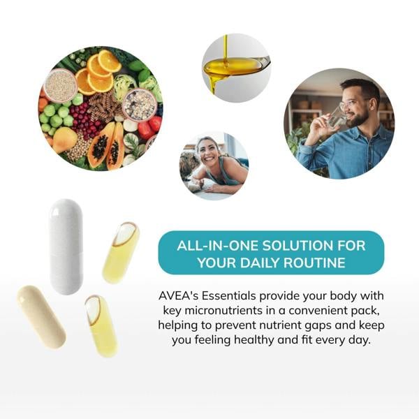 AVEA Essentials Capsules - Daily Multivitamin Sachets With Vitamin D, K2, Omega 3 (EPA & DHA), Zinc & Magnesium - 30 Sachets x 4 Capsules - Vegan Friendly