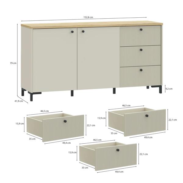 Furniture To Go Bixbite Wide Sideboard with Fluted Drawers & Cupboard in Mauvella Oak and Sand