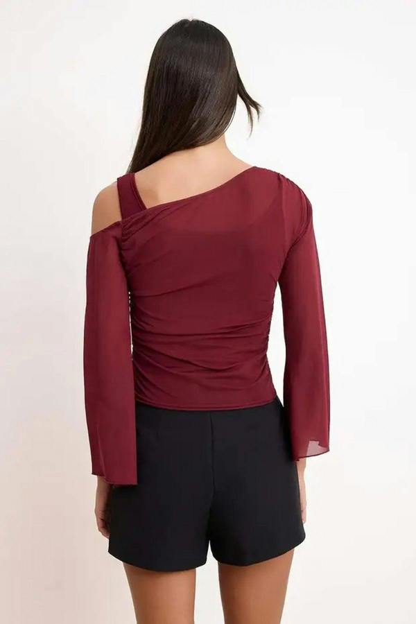 WOVCOR Fitted Asymmetric Neck Long Sleeve Ruched Mesh Blouse
