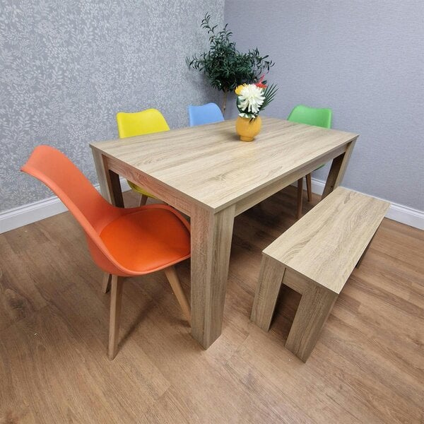 Kosy Koala Oak Effect Dining Table Set With 4 Mix Plastic Chairs And Bench Dining Room Furniture