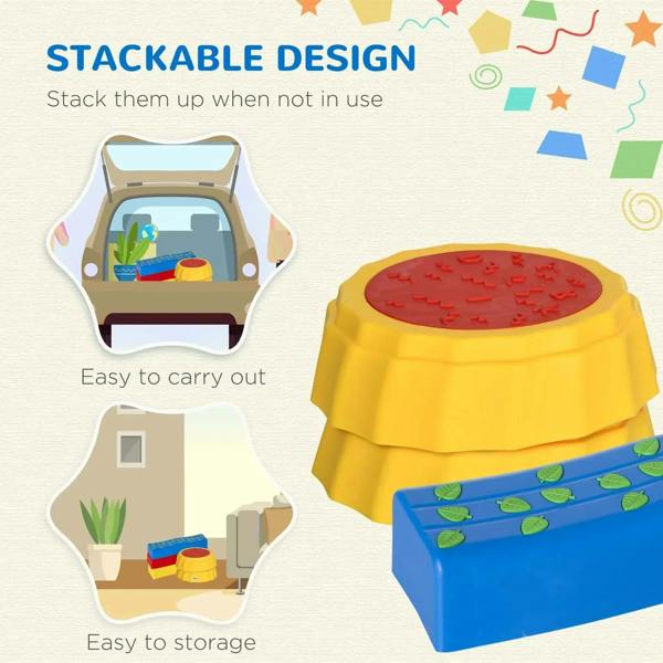 Stackable kids stepping stone set with yellow circular platform and blue balance block