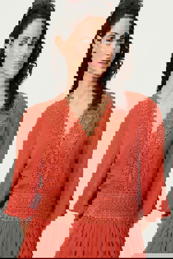 Orange | Lace Trim Tiered 1/2 Sleeve Maxi Dress