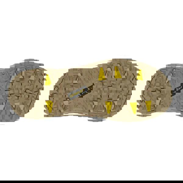 Stanley Michigan Mens Fitgo Lacing System Waterproof S7 Safety Boots, outsole view showing rugged tread pattern with yellow accents and the Stanley logo.