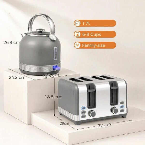 Stainless Steel Kettle and Toaster Set, 1.7L 3000W Cordless Fast Boil Kettle, 4 Slice Toaster Kitchen Set, Grey