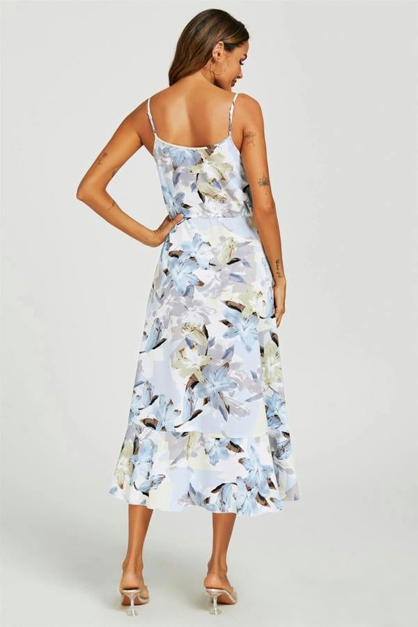 FS Collection Floral Print Button Down High Low Strappy Dress In Blue