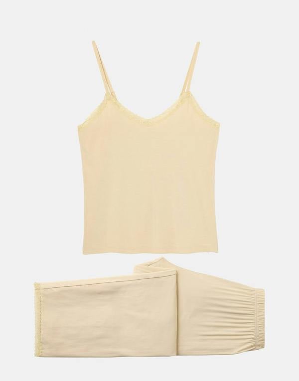British Boxers Women's Bamboo Lace Camisole Pyjama Set – Soft Sand