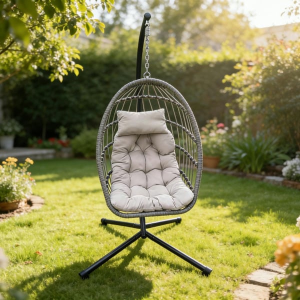 Fimous Indoor Outdoor Patio Rattan Single Egg Hanging Chair Garden With Grey Thick Cushion