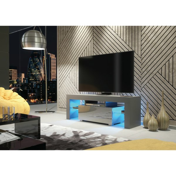 Mex Furniture 130cm TV Unit Cabinet Stand with Grey High Gloss Doors and Free LED Lights