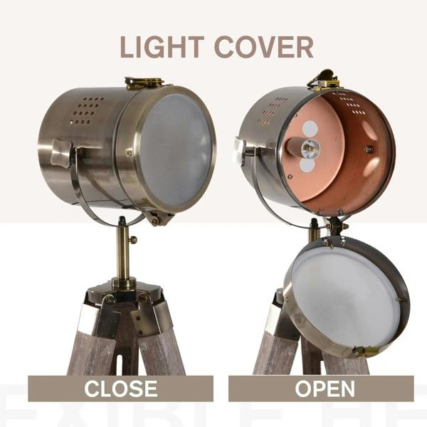 Industrial searchlight floor lamp showing open and closed light cover, bronze housing