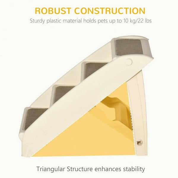 Beige pet stairs with gray tread pads and triangular support structure