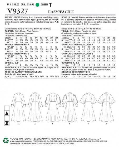 Vogue Sewing Pattern 9327, Dresses for Women, A5 (6-8-10-12-14) - Easy