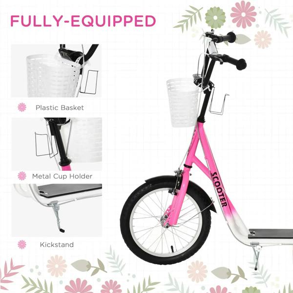 Pink kids kick scooter with front basket, metal cup holder, and kickstand