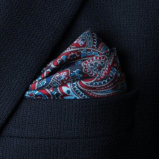 Otway & Orford 'Cypress' paisley silk pocket square in red & blue (42 x 42cm)