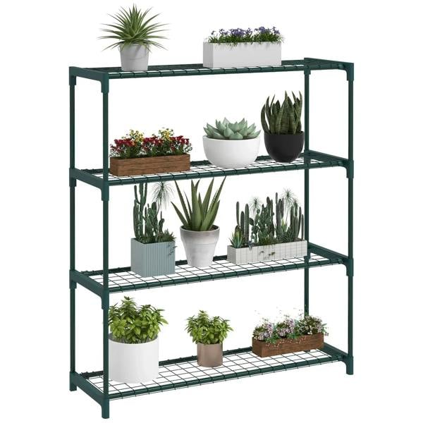 Four-tier plant shelf with wire grid tiers and side rails, green metal frame.
